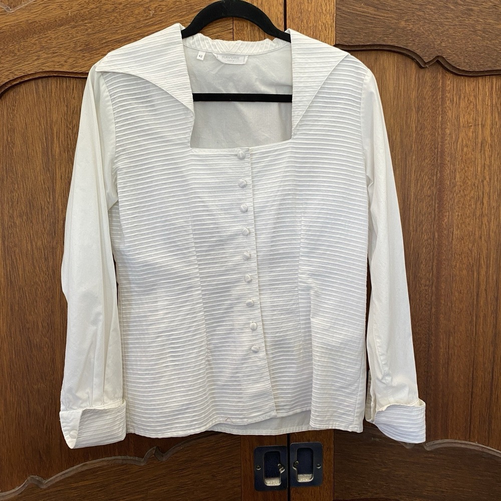 Rayure Paris Blouse 42 Button White Cotton Square Neck Pleated Designer Preppy